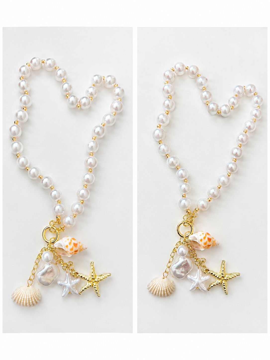 Luxe Parelketting met Zeesterren- en Schelphangers – Elegante Damesketting met Goudkleurige Details | kod-94
