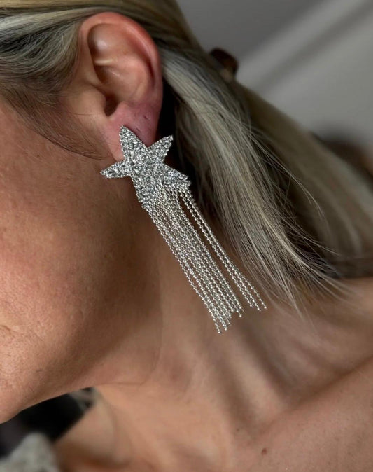 Ster Oorbellen met Strass en Lange Kwastjes – Statement Oorbellen Dames – Zilverkleurige Party Oorbellen |kod43