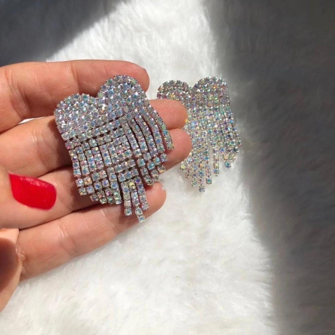 Hartvormige Strass Oorbellen Dames – Luxe Kristallen Statement Oorbellen – Glamour Fringe Tassel Oorbellen Zilver |kod47