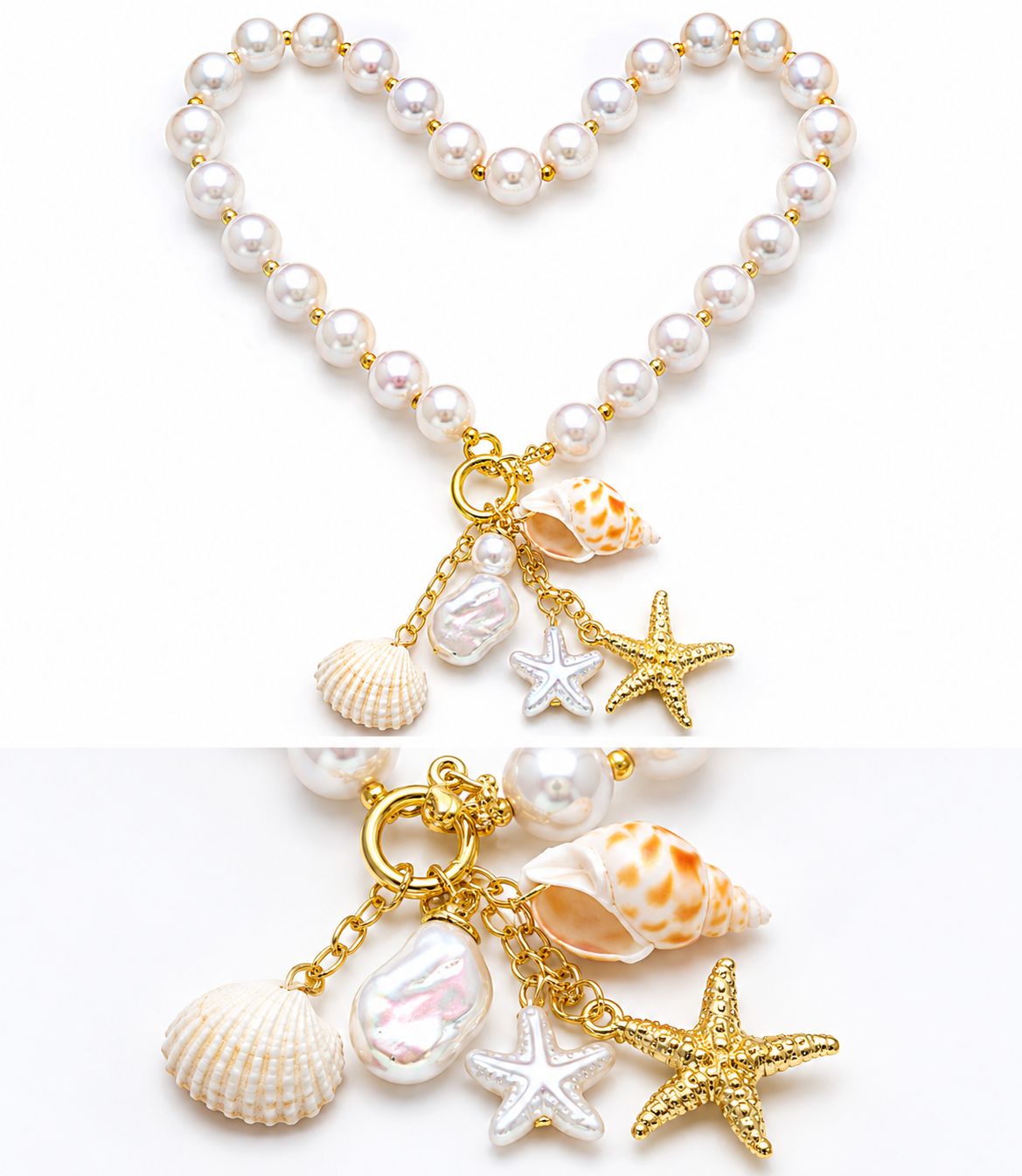 Luxe Parelketting met Zeesterren- en Schelphangers – Elegante Damesketting met Goudkleurige Details | kod-94